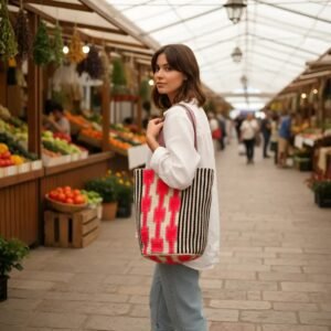 women wearing a wayuu tote bag